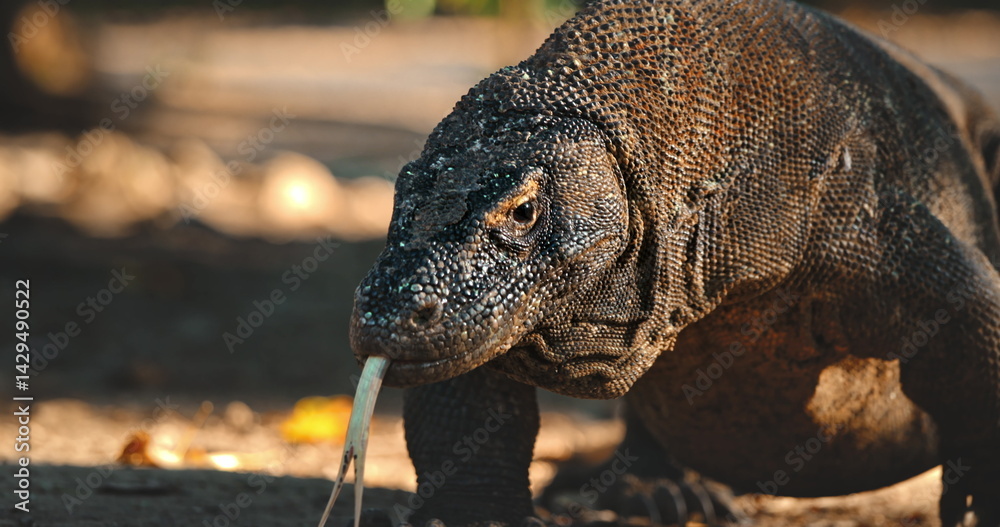 Large Komodo dragon flicking its forked tongue while walking on Rinca Island, one of the only places where this impressive animal can be found in the wild