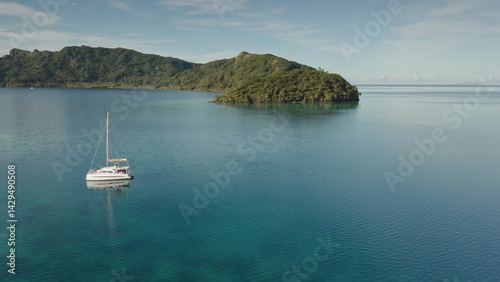 Obraz na płótnie Aerial view of a white catamaran sailing on calm turquoise water near a lush green tropical island in Bora Bora, French Polynesia, creating a serene and idyllic scene w salonie