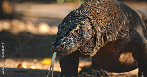 Obraz na płótnie Large Komodo dragon flicking its forked tongue while walking on Rinca Island, one of the only places where this impressive animal can be found in the wild w salonie