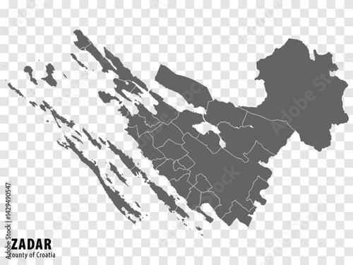 Blank map Zadar County of Croatia. High quality map Zadar County with municipalities on transparent background for your web site design, logo, app, UI. Croatia. EPS10.