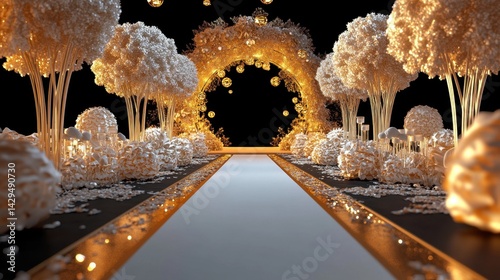 Luxury Wedding Ceremony Aisle with Glowing Golden Arch and White Floral Decorations for Romantic Event Planning and Backdrop Design