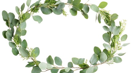 Green eucalyptus leaves form a circular frame.