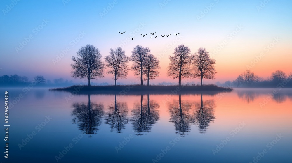 Serene lake scene at dusk with trees and birds reflecting in the calm water Serene lake scene at dusk with trees and birds reflecting in the calm water