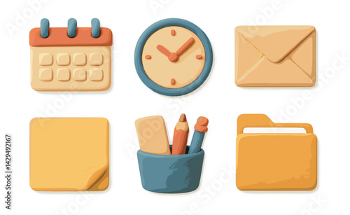 clay office icon set: calendar, clock, mail, notes, pencils, folders