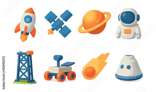 space exploration icons set featuring rockets, astronauts, planets, and more