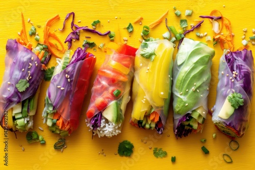 Colorful vegetable spring rolls wrapped in rice paper on yellow background
