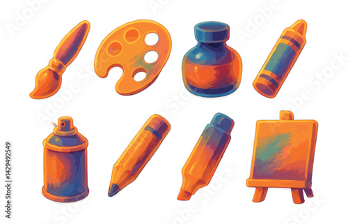 Vibrant  art supplies icons set: brush, palette, ink, crayon, more