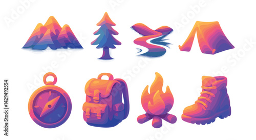 Vibrant  camping gear icons set: mountains, campfire, tent, compass, and more
