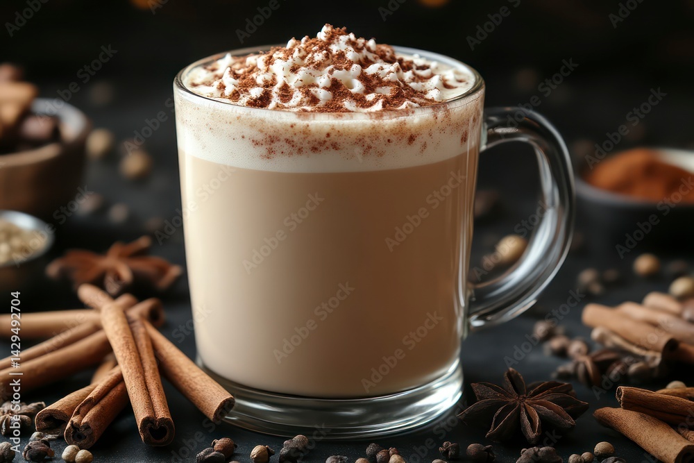 Frothy Hot Beverage with Whipped Cream and Spices in a Glass Mug Surrounded by Cinnamon Sticks Frothy Hot Beverage with Whipped Cream and Spices in a Glass Mug Surrounded by Cinnamon Sticks