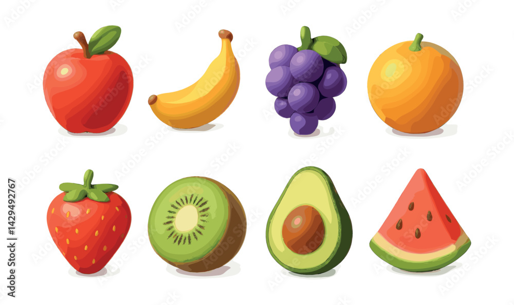 Vibrant fruit icons set: apple, banana, grape, orange, strawberry, kiwi, avocado, watermelon Vibrant fruit icons set: apple, banana, grape, orange, strawberry, kiwi, avocado, watermelon