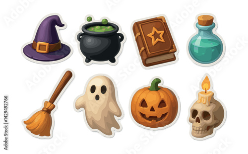Enchanting halloween  icons set: cauldron, witch hat, potion, and more