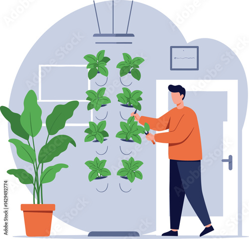Man Caring for Hanging Indoor Plants Green Leaves Home Gardening Vector Illustration 