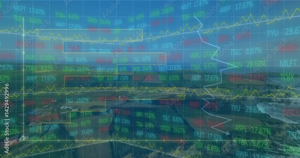 Financial data overlay showing colored stock tickers and line charts over farmland and shoreline