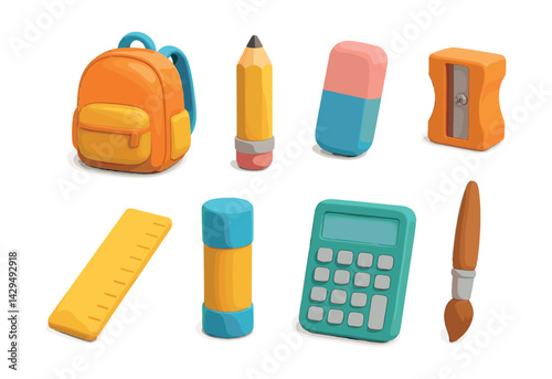 Vibrant  school supplies icon set: backpack, pencil, calculator, and more