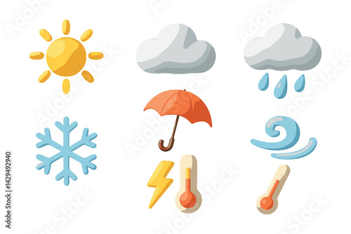 Vibrant  weather icons set: sun, cloud, rain, snowflake, umbrella, wind, lightning, thermometer