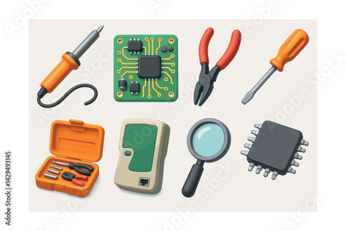 tech repair tools icon set: essential tools for electronic maintenance