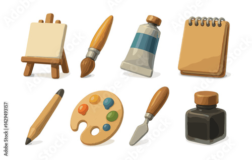 art supplies icons set: easel, paintbrush, palette, notepad, and more for creative projects