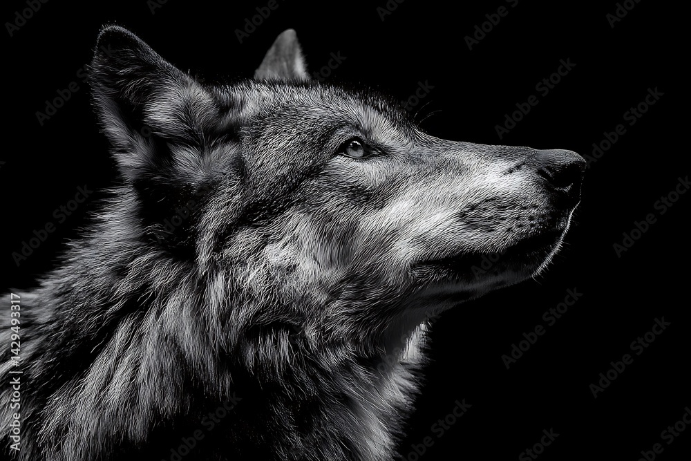 Fototapeta premium Striking dire wolf in vivid contrast against black 