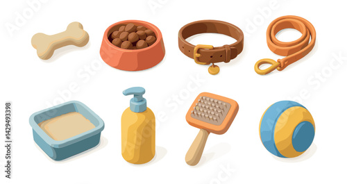 pet care essentials icons set: bone, bowl, collar, leash, litter, shampoo, brush, ball