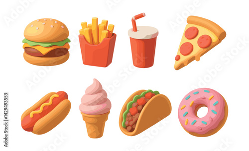 Vibrant  fast food icons: burgers, pizza, ice cream, and more