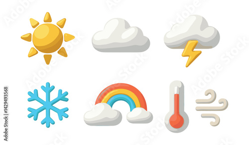 weather icons set: sun, clouds, lightning, snowflake, rainbow, thermometer, wind