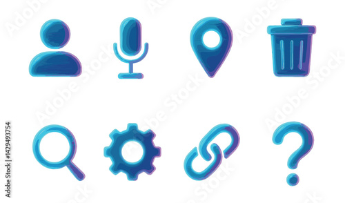 holographic icons set: user, microphone, location, trash, search, gear, link, question
