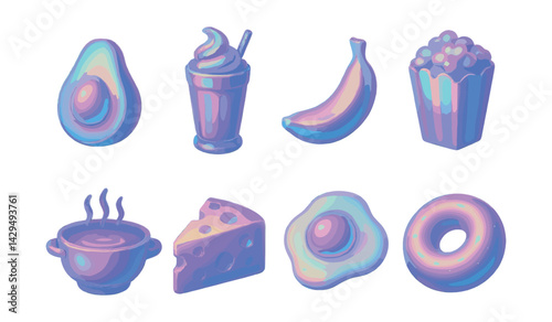 Vibrant  holographic food icons set featuring eye-catching avocado, milkshake, and more