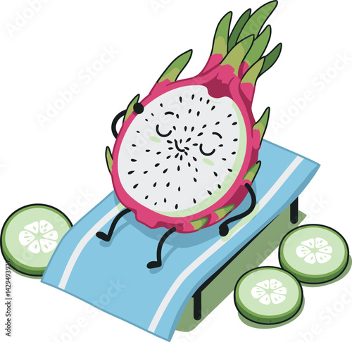 Dragon fruit relaxing on beach chair with cucumber slices vector illustration summer healthy snack 
