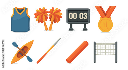sports icons set featuring medal, kayak, pom-poms, scoreboard, and more