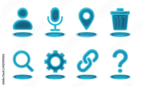 Futuristic holographic  icons: user, microphone, map pin, trash, search, gear, link, help