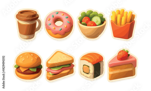 Playful  food icons set featuring coffee, donut, sushi, and more