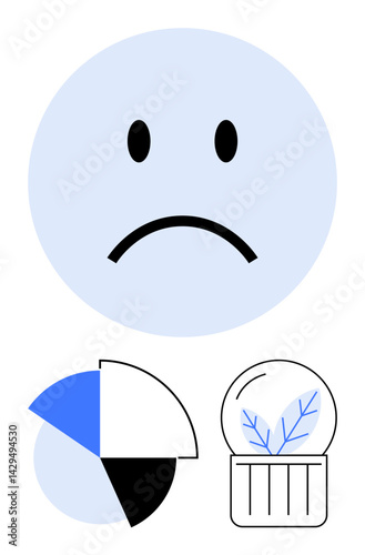 Sad face conveying emotion alongside a segmented pie chart and terrarium suggesting data analysis, growth, and nature. Ideal for mood, feedback, business, sustainability, emotion, analysis themes