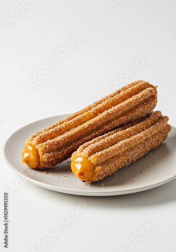 Two churros, filled with caramel, on a plate, perfect for a sweet and enjoyable dessert.