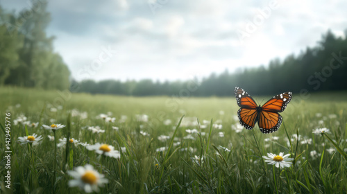 A single butterfly landing softly on a flower, wide field in the background on a bright sunny day