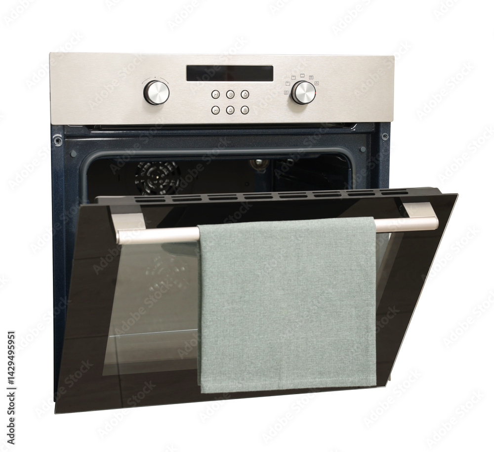 Open built-in electric oven with towel isolated on white Open built-in electric oven with towel isolated on white