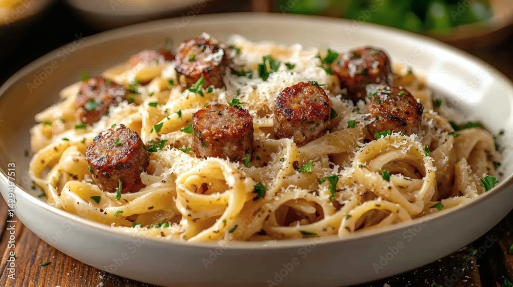 A close-up shot of a delicious plate of pasta with sausage, cheese and herbs A close-up shot of a delicious plate of pasta with sausage, cheese and herbs