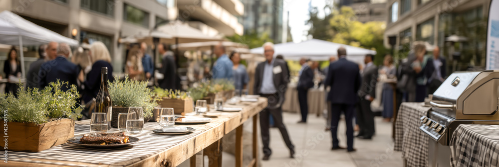 Obraz premium Outdoor event with food, drinks, and people enjoying the ambiance. Tables with plants and drinks set for a business gathering.