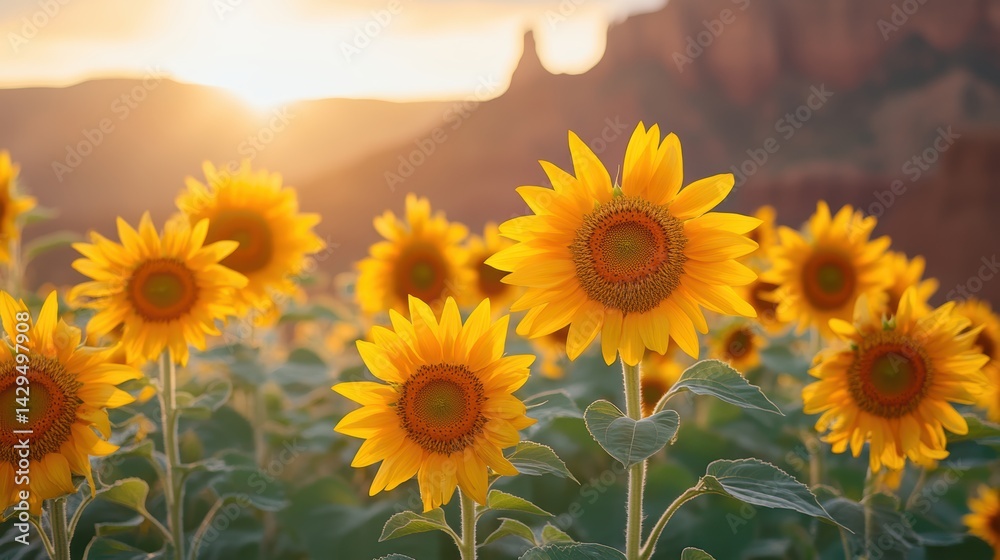 Fototapeta premium sunflowers glowing in golden light with canyons behind
