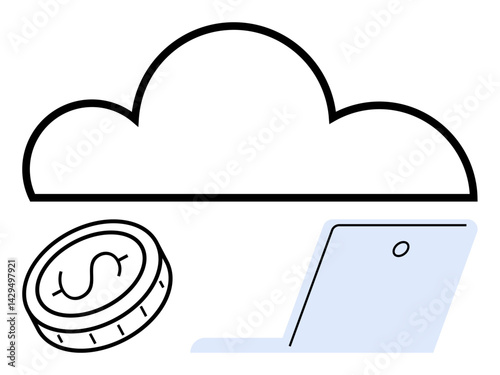 Cloud, coin with dollar sign, and laptop suggest cloud computing, online finance, or digital transactions. Ideal for fintech, technology, remote work, e-commerce cloud storage SaaS simple landing