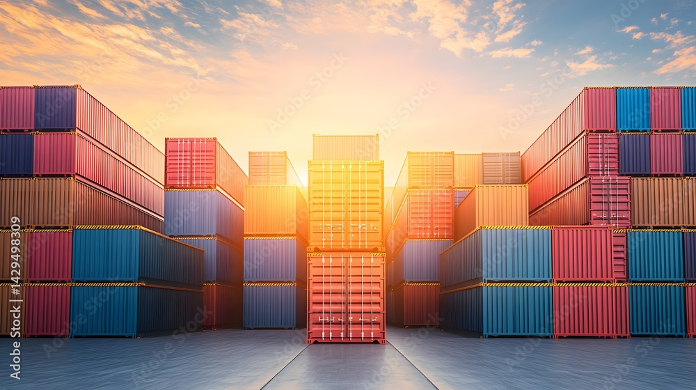 Fototapeta premium Sunset Cargo Containers Stacked at Port Terminal