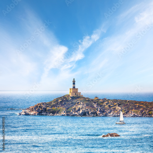 Marvelous view of Capo Carbonara lighthouse with turquoise water