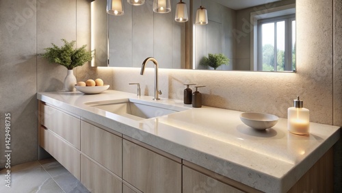 Modern minimalist bathroom vanity with integrated sink and undermount lighting