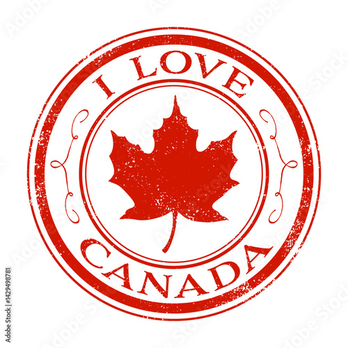 A grunge circle stamp with maple leaf and I Love Canada text