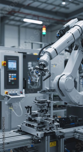 White robotic arm with gripper manipulates object on modern assembly line. Automated industrial automation concept for advanced manufacturing and artificial intelligence.