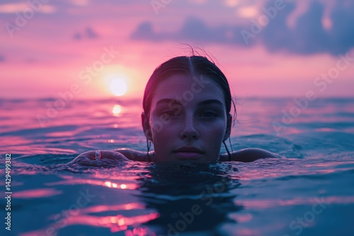 Woman emerges from ocean at sunset, serene and beautiful, bathed in pink and purple light.