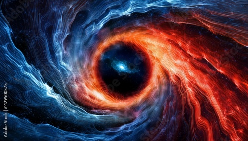 a swirling dynamic cosmic scene with shades of blue red and orange resembling a nebula or a black hole the central region is particularly dark almost black surrounded by glowing fiery tendrils