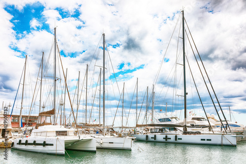 Astonishing spring cityscape with marina and Yachts and boats in town Cagliari