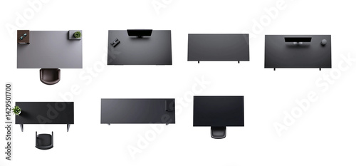top down view graphite black office desk set for floor plan collages. isolated, transparent background