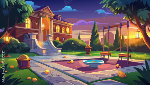 marble tile playground in the night backyard of mansion with flowerbeds and lawn with ground lamp and lighting in the warm light at dusk in the evening.