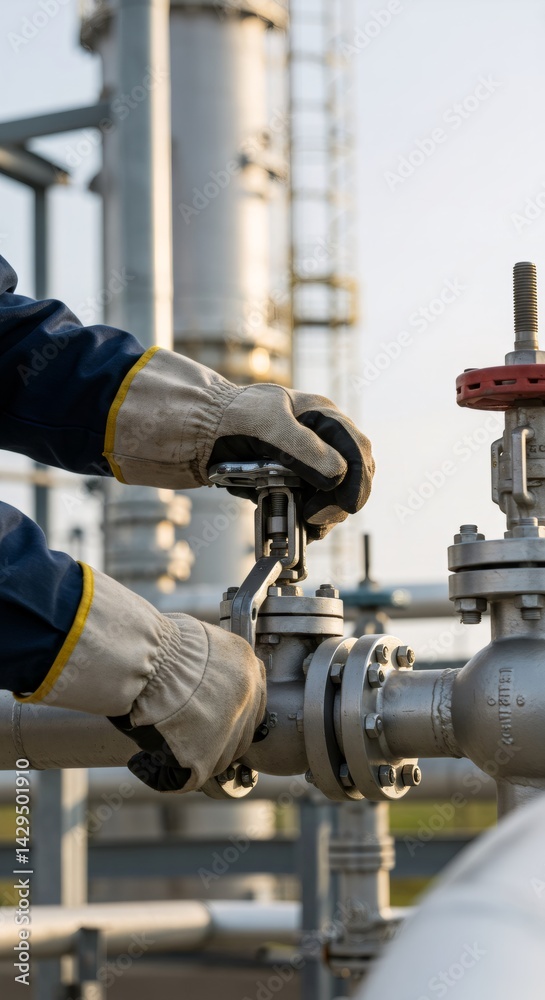 Person turning valve on industrial pipe system, demonstrating hands on operation of process equipment in petrochemical or oil and gas facility. Person turning valve on industrial pipe system, demonstrating hands on operation of process equipment in petrochemical or oil and gas facility.